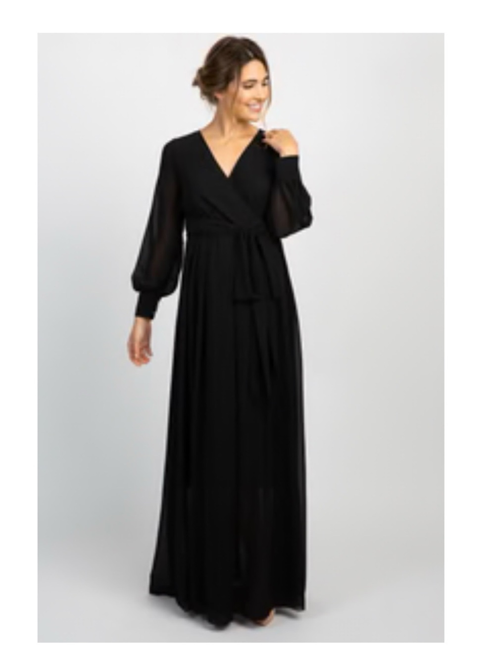 PinkBlush Black Chiffon Long Sleeve Pleated Maternity Maxi Dress